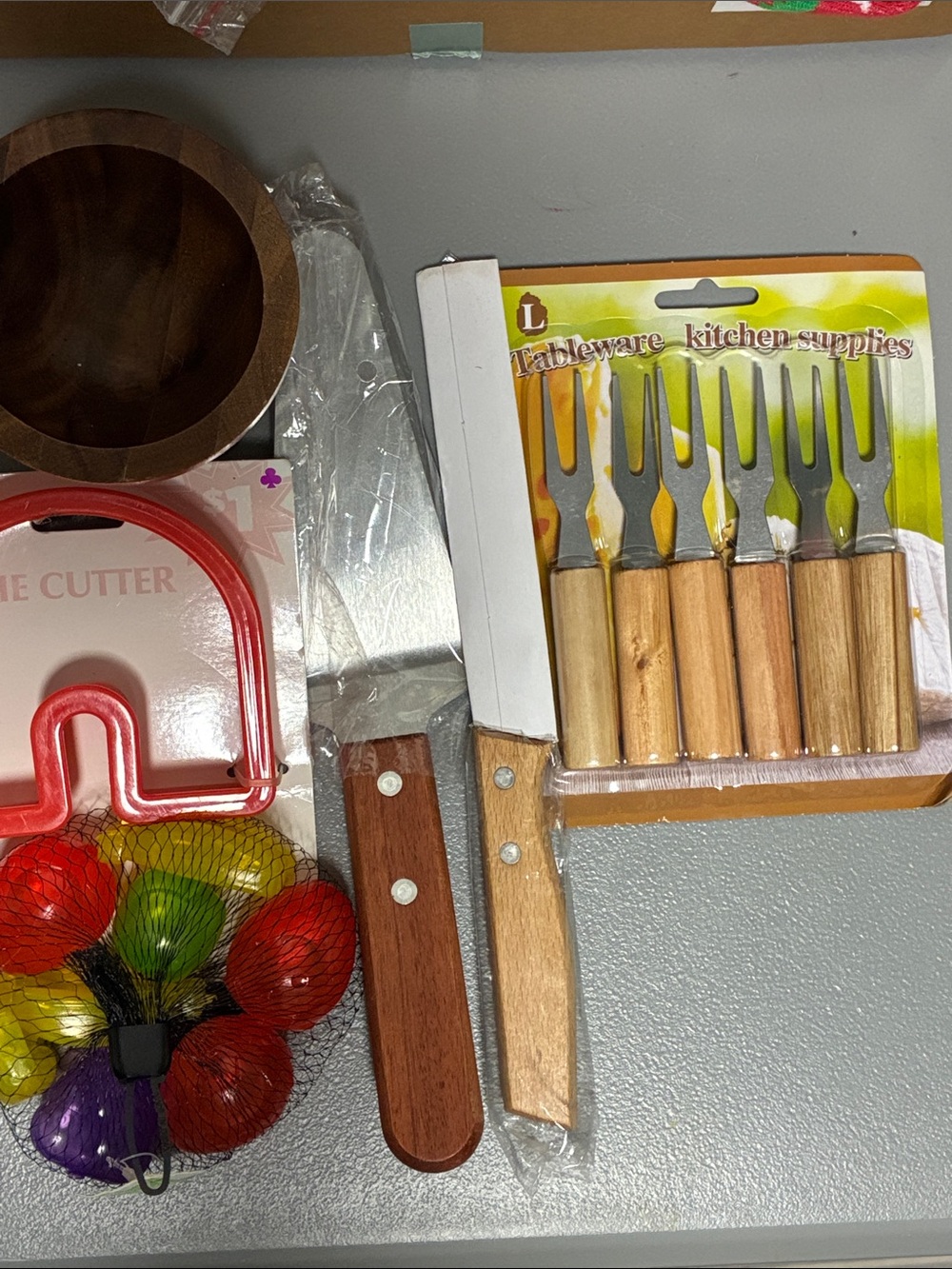 Kitchen Supplies Wooden-Handle Appetizer Fork Set , Knife, Spatula & Wood Bowl